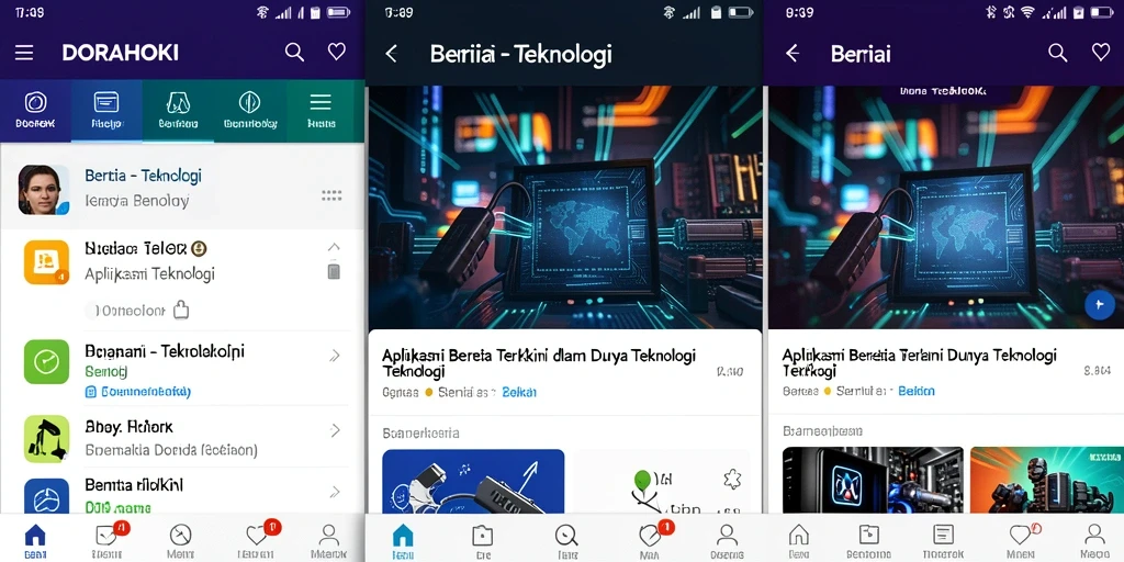 Antarmuka DORAHOKI menampilkan berita teknologi terkini dengan desain yang bersih dan menarik.